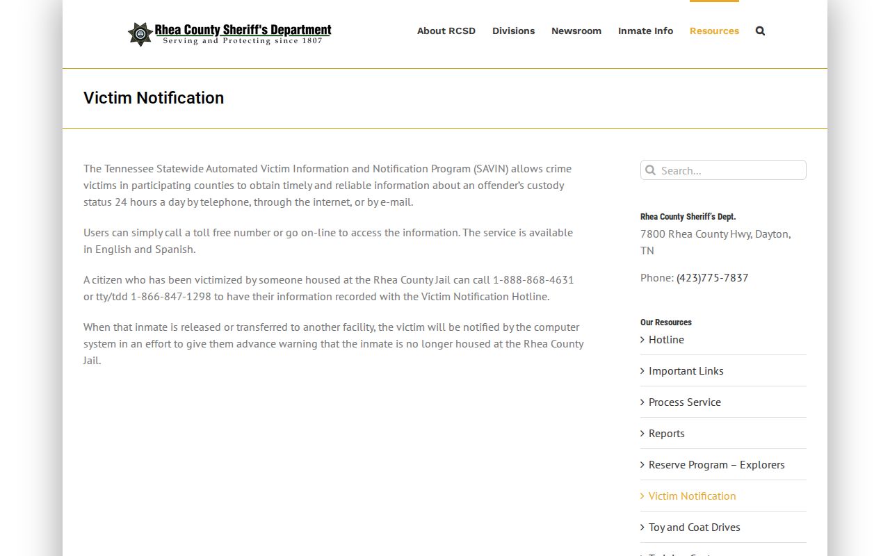 Rhea County VINELink and SAVIN notification information